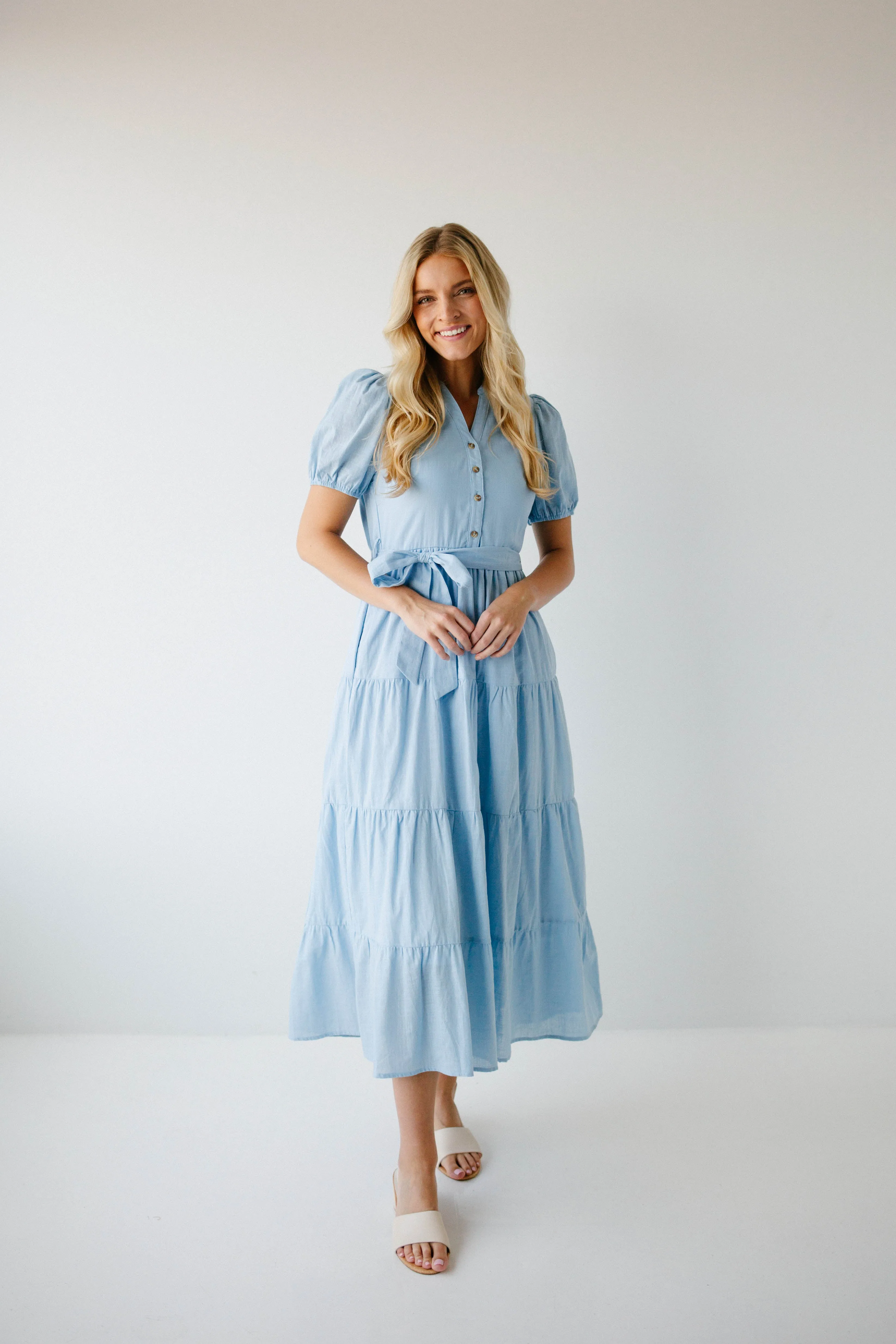 'Lucy' Button Up Tiered Maxi Dress in Light Blue