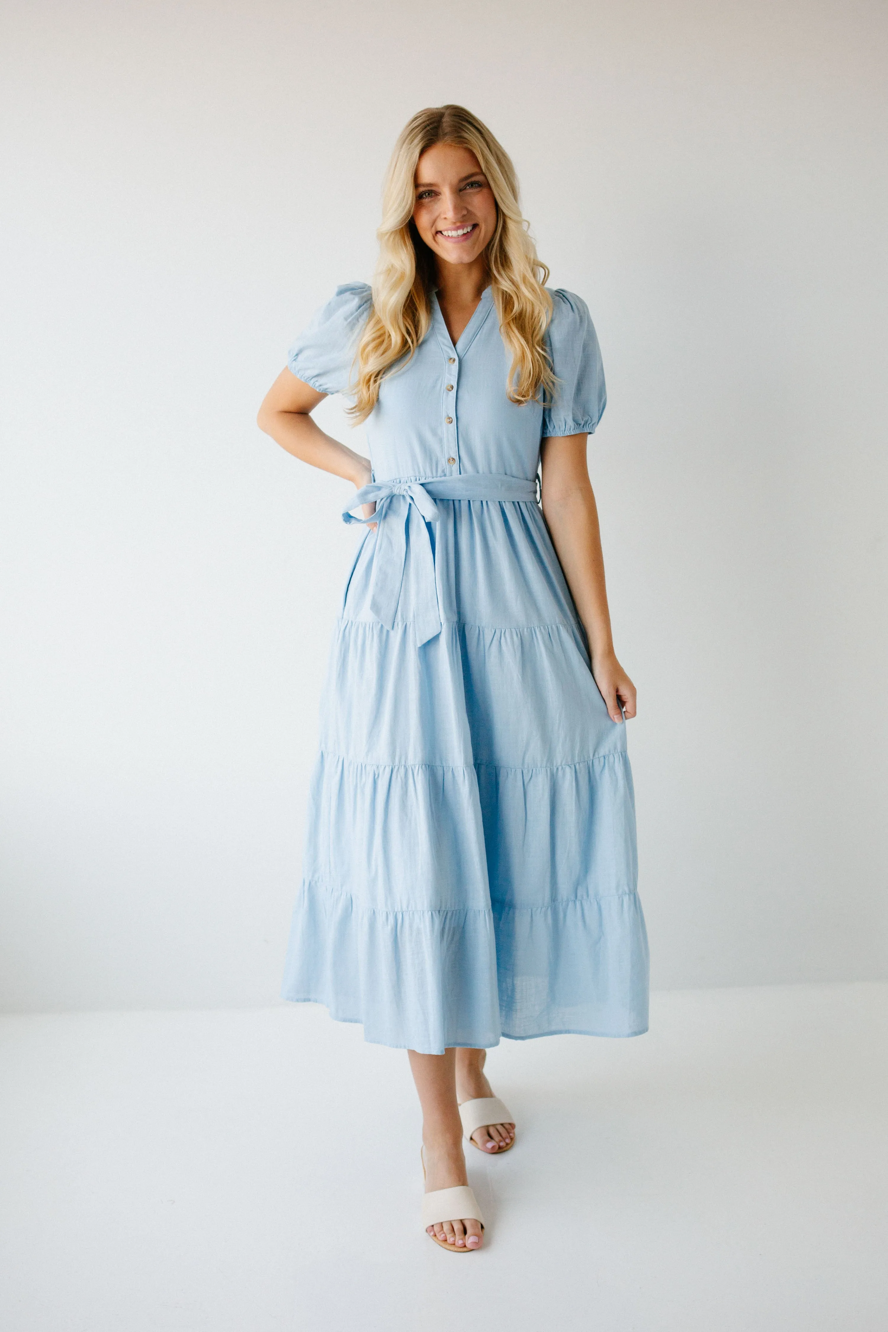 'Lucy' Button Up Tiered Maxi Dress in Light Blue