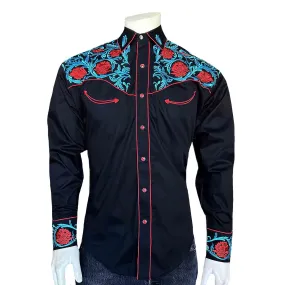 Men’s Black Vintage Western Shirt with Red Floral & Turquoise Embroidery