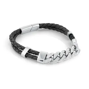 MEN'S STAINLESS STEEL BRACELET WITH LEATHER AND CUBIC ZIRCONIA