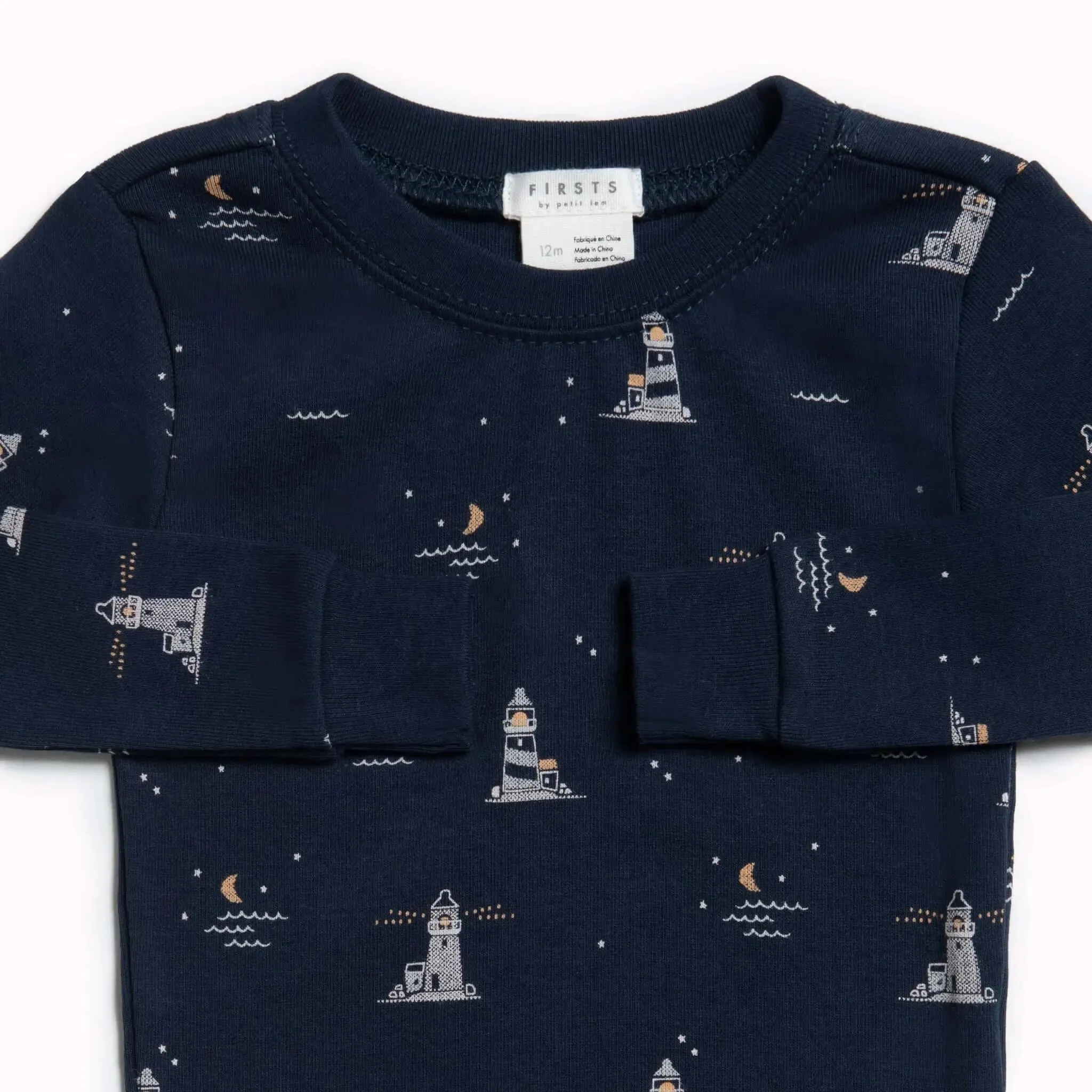 "Lighthouse at Night" Print on Anchor Blue Infant Boys Pajama Set | Petit Lem