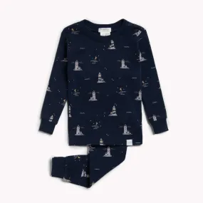 "Lighthouse at Night" Print on Anchor Blue Infant Boys Pajama Set | Petit Lem