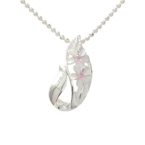 Sterling Silver 2 Plumeria with Pink CZ Leaf Drop Pendant (Chain Sold Separately)