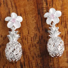 Sterling Silver 8mm Plumeria with Pink CZ and Pineapple Post Earrings