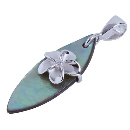 Sterling Silver Abalone Surfboard with Plumeria CZ Pendant (Chain Sold Separately)