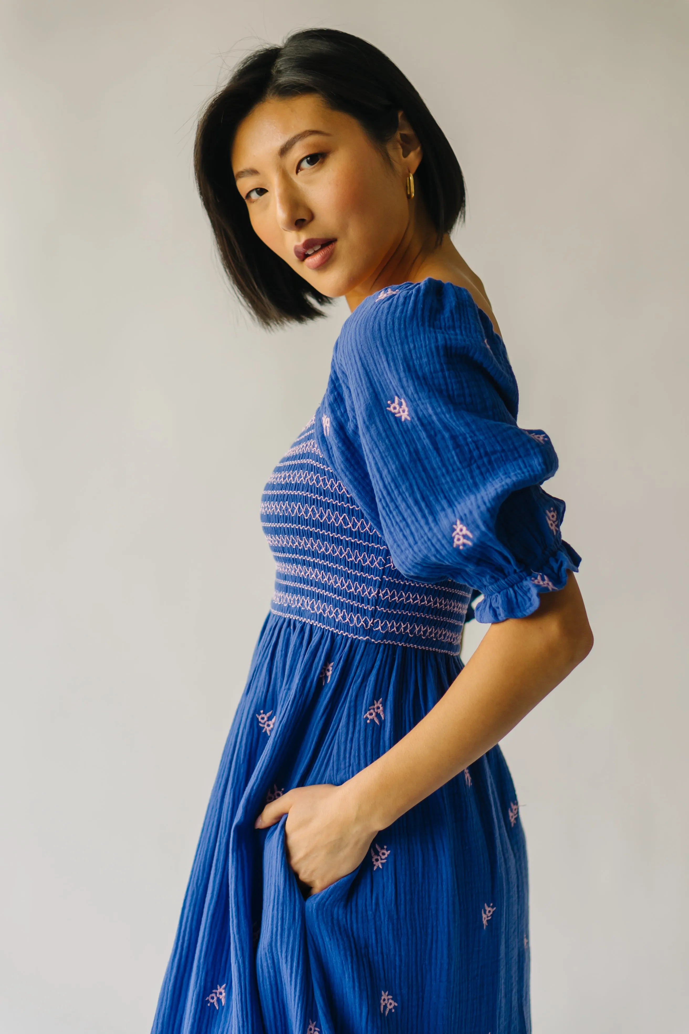 The Wickham Smocked Detail Dress in Cobalt