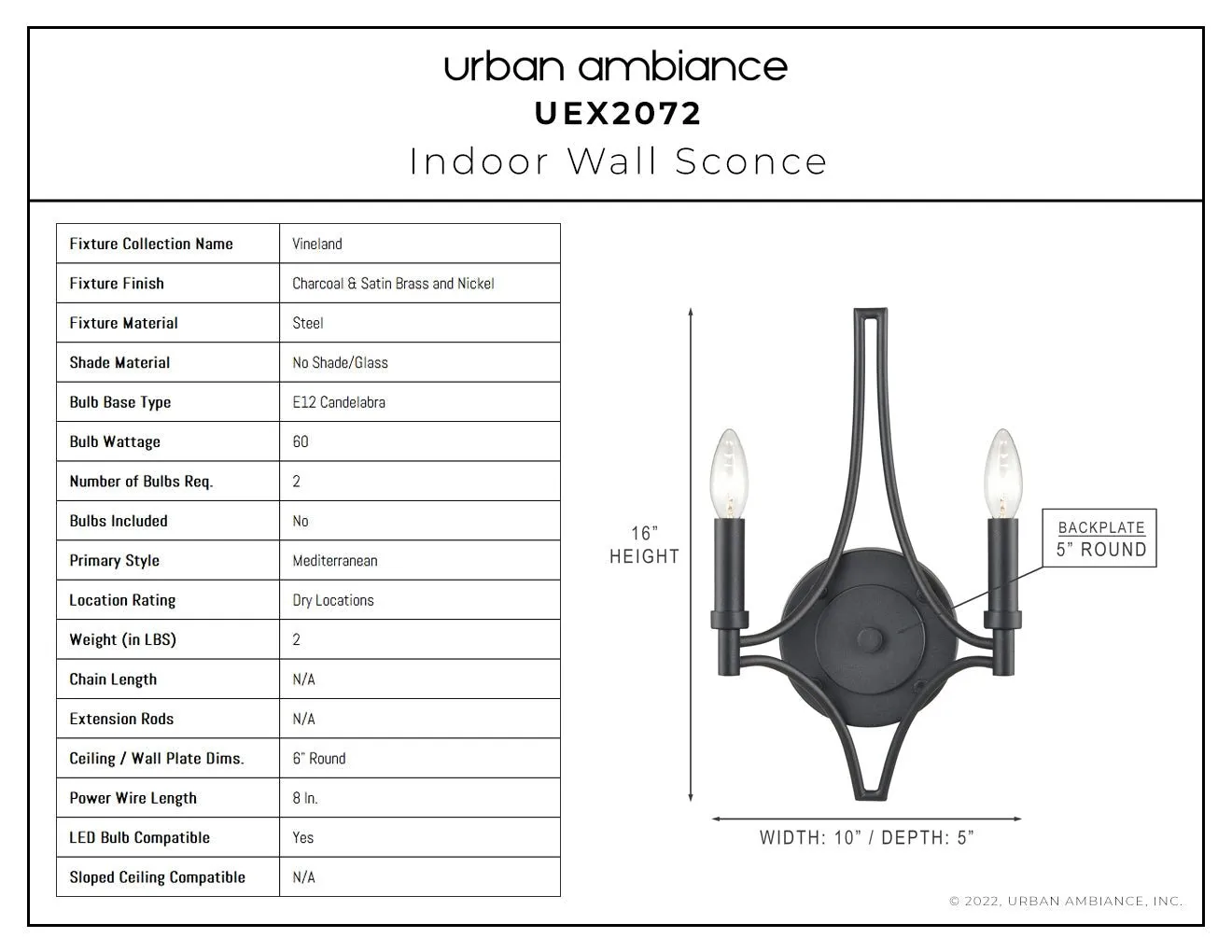 UEX2072 Mediterranean Wall Sconce 16''H x 10''W, Charcoal & Satin Brass and Nickel Finish, Vineland Collection