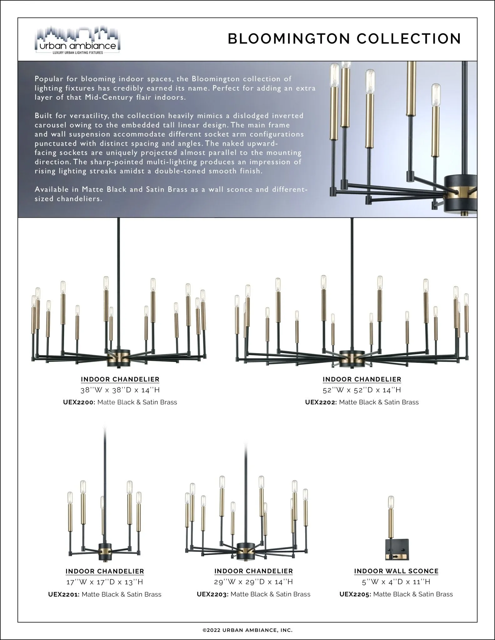 UEX2201 Luxe Industrial Chandelier 13''H x 17''W, Matte Black & Satin Brass Finish, Bloomington Collection