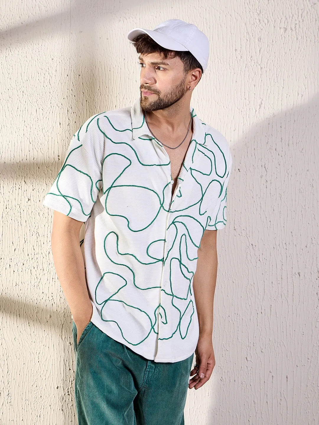 White Abstract Patterned Embroidery Cuban Shirt