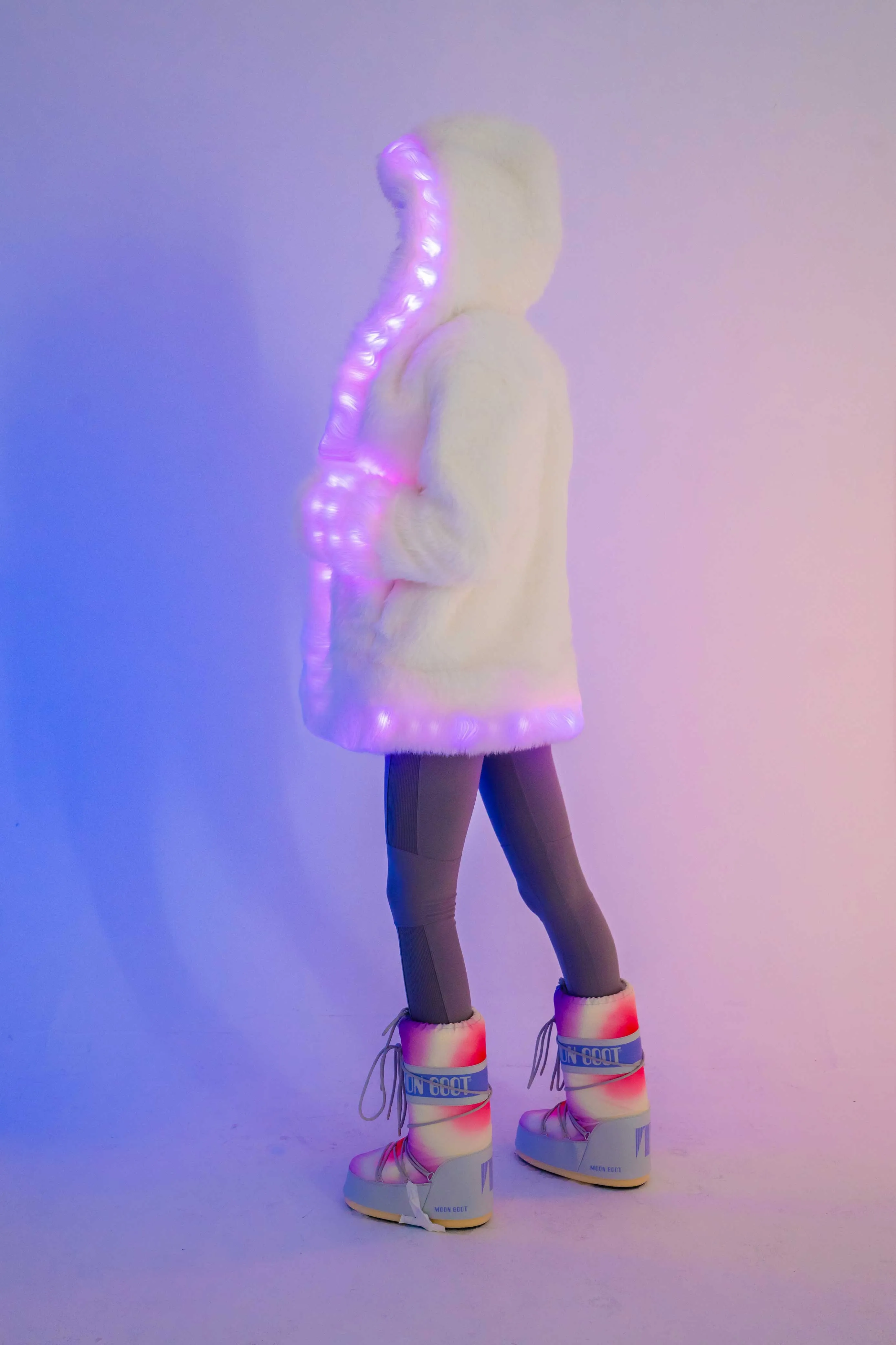 Women's LED Petite Playa Coat in "White Faux Fur "